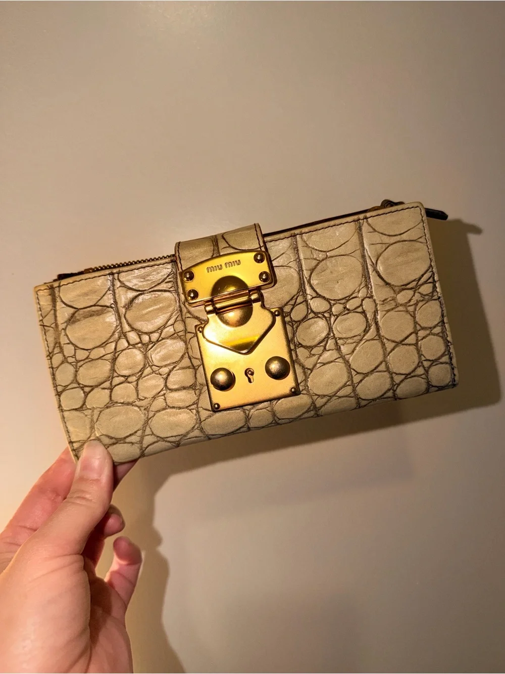 Miu Miu Croc-Embossed Beige Leather Card Holder with Gold Lock